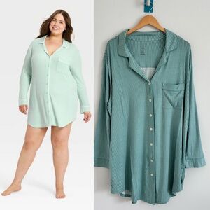 Auden Plus size Women's Cozy Ribbed Notch Collar Pajama Gown Green striped 1X
